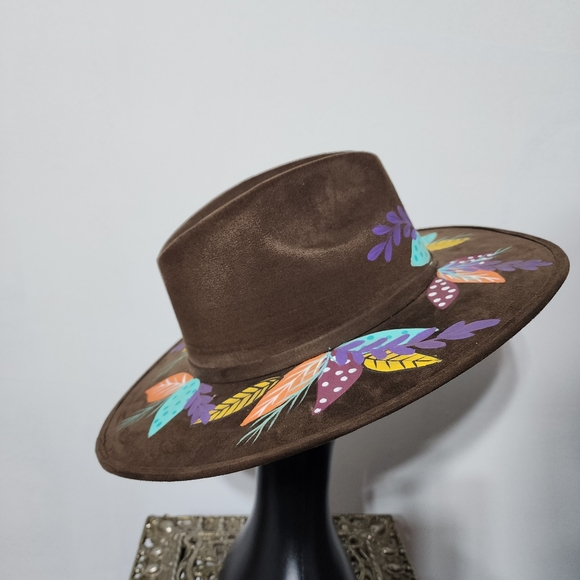 Hand Painted Brown Suede Sun Hat - Picture 3 of 5